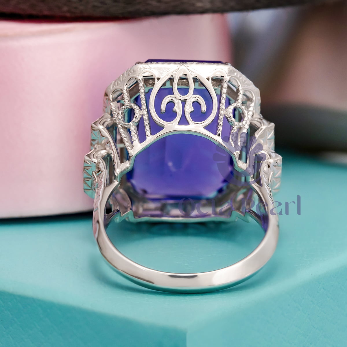 Blue Emerald Cut Halo Art Deco Ring
