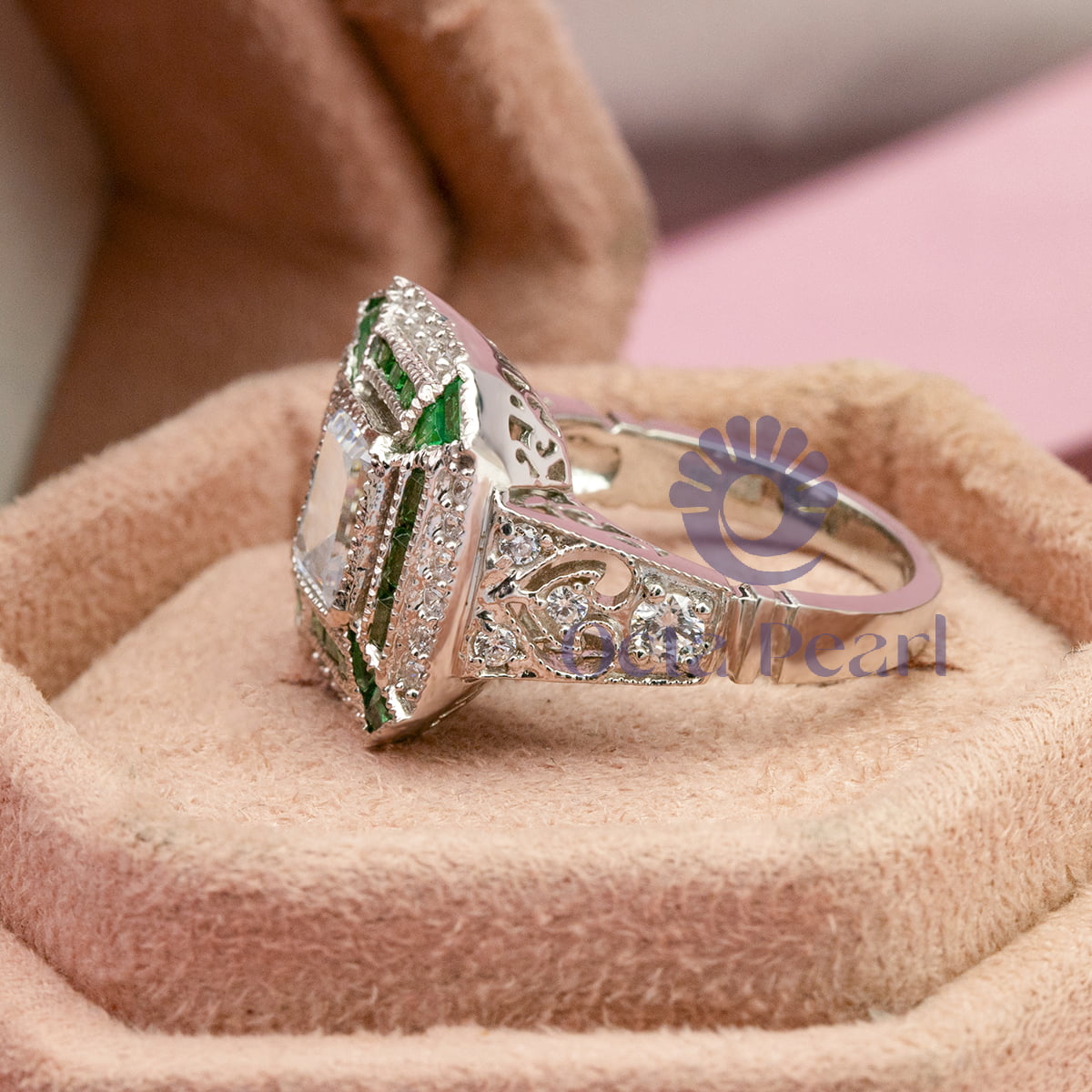 Emerald Art-Deco Wedding Ring CZ