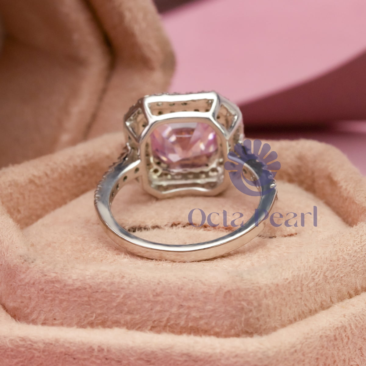 Pink Asscher Cut Halo Set Accent Engagement Ring