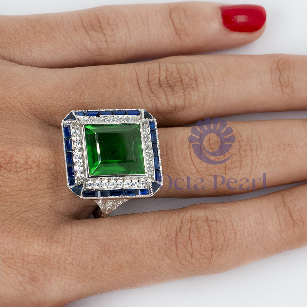 Green Art Deco Wedding Ring Emerald Cut