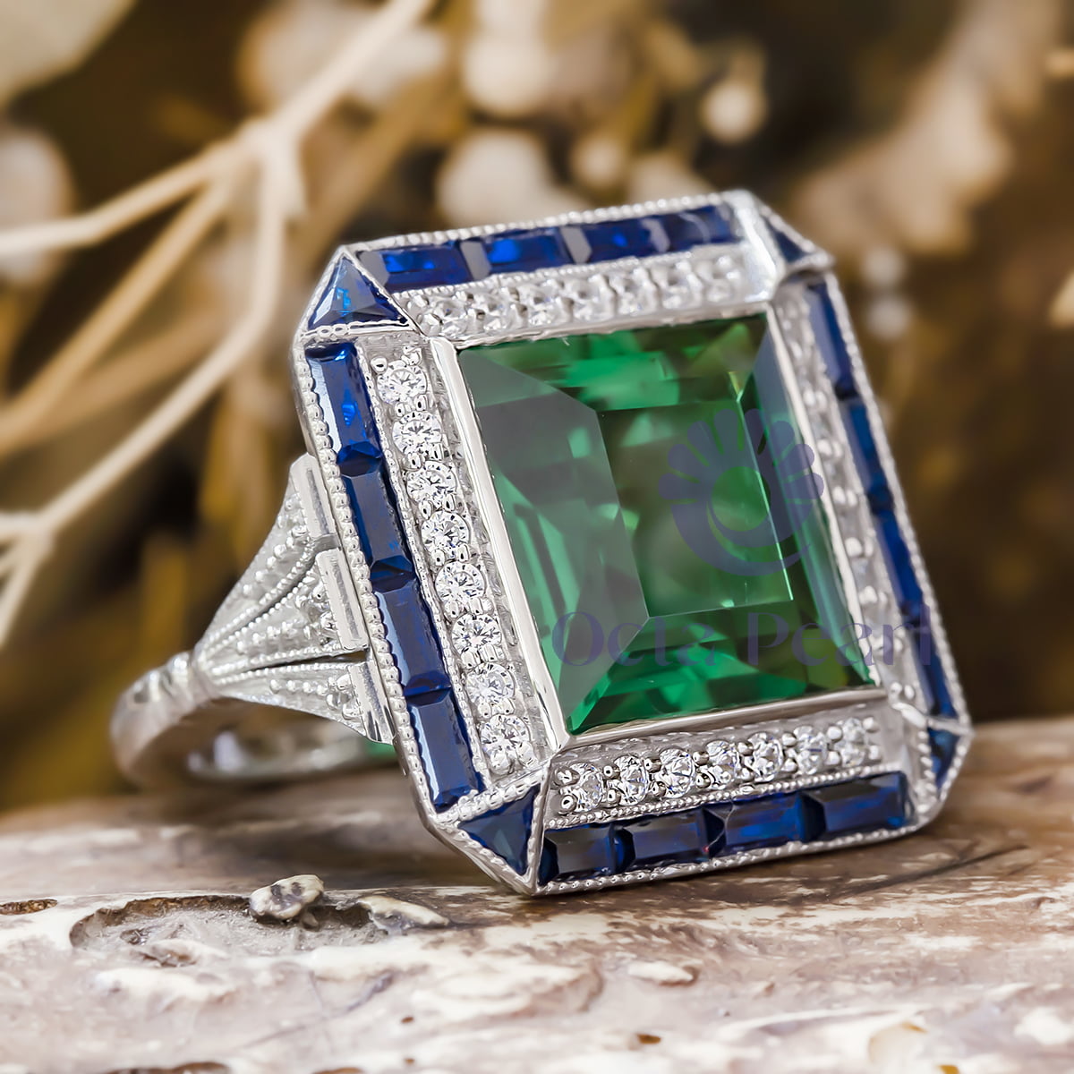 Green Art Deco Wedding Ring Emerald Cut