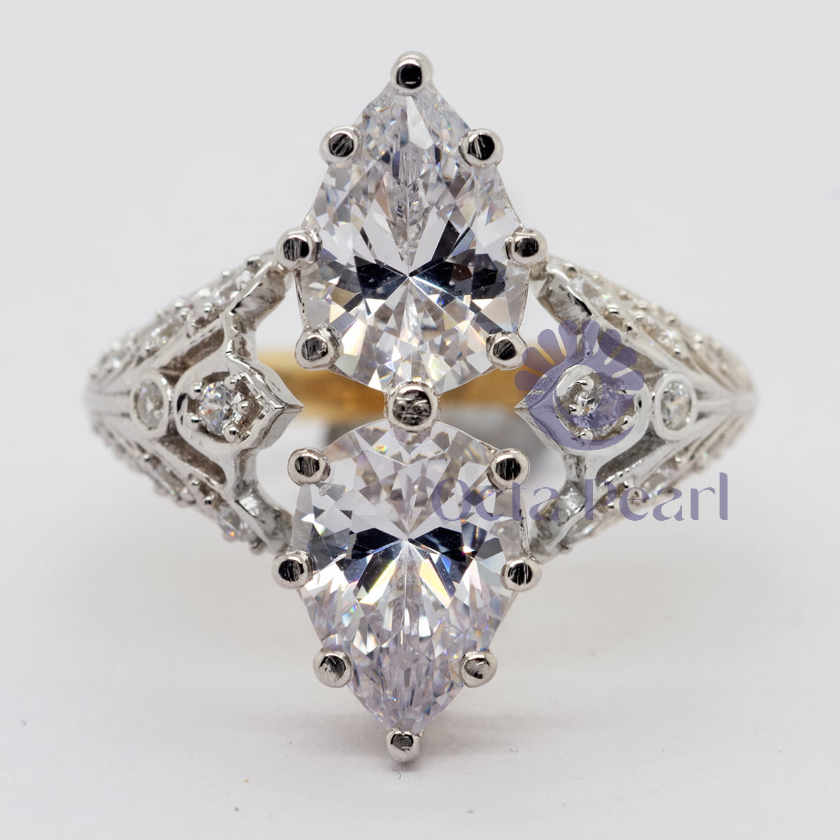 Edwardian Style Pear Cut Two Stone Moissanite Ring
