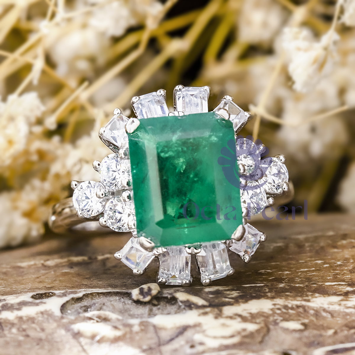 Green Emerald-Cut Engagement Ring CZ