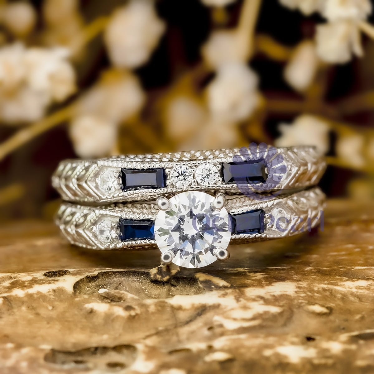 Art-Deco Wedding Ring Set Round Cut CZ Stone