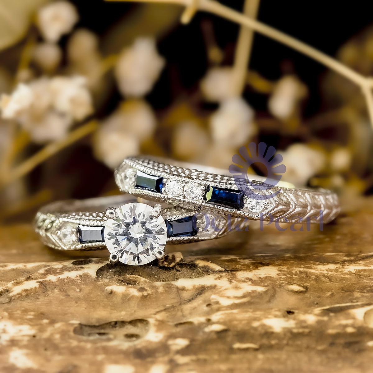 Art-Deco Wedding Ring Set Round Cut CZ Stone