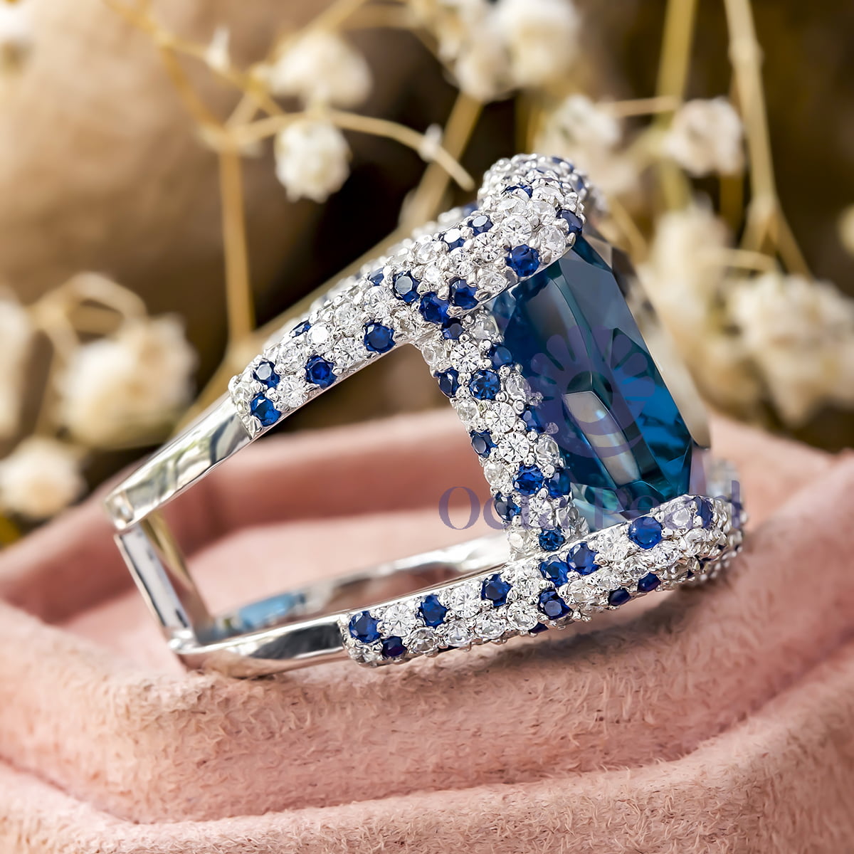 Blue Cocktail Party Ring in CZ Cushion Cut