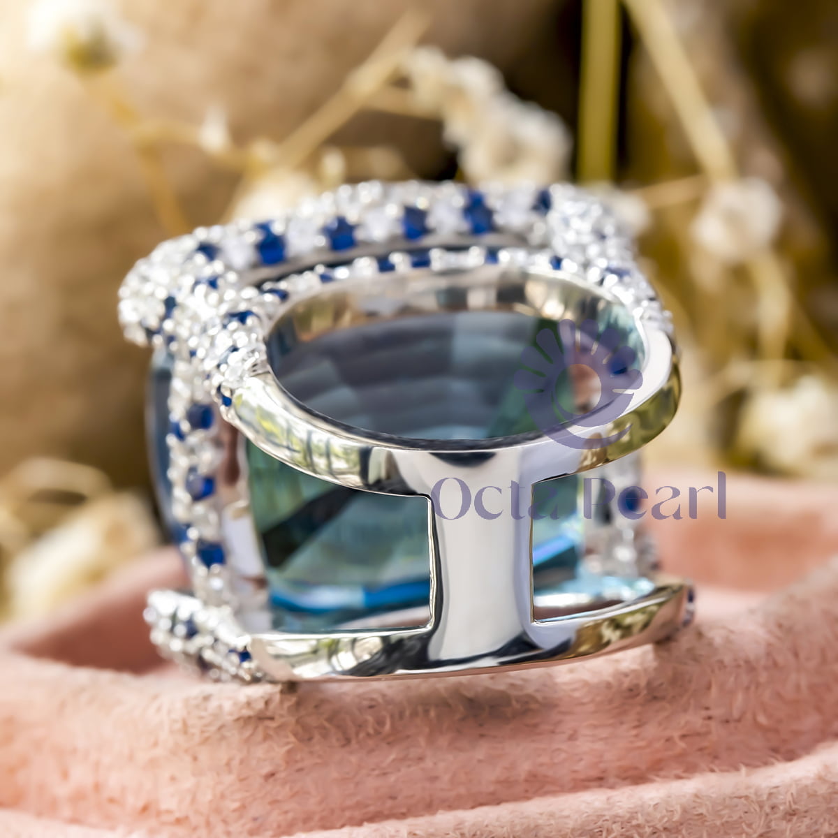 Blue Cocktail Party Ring in CZ Cushion Cut