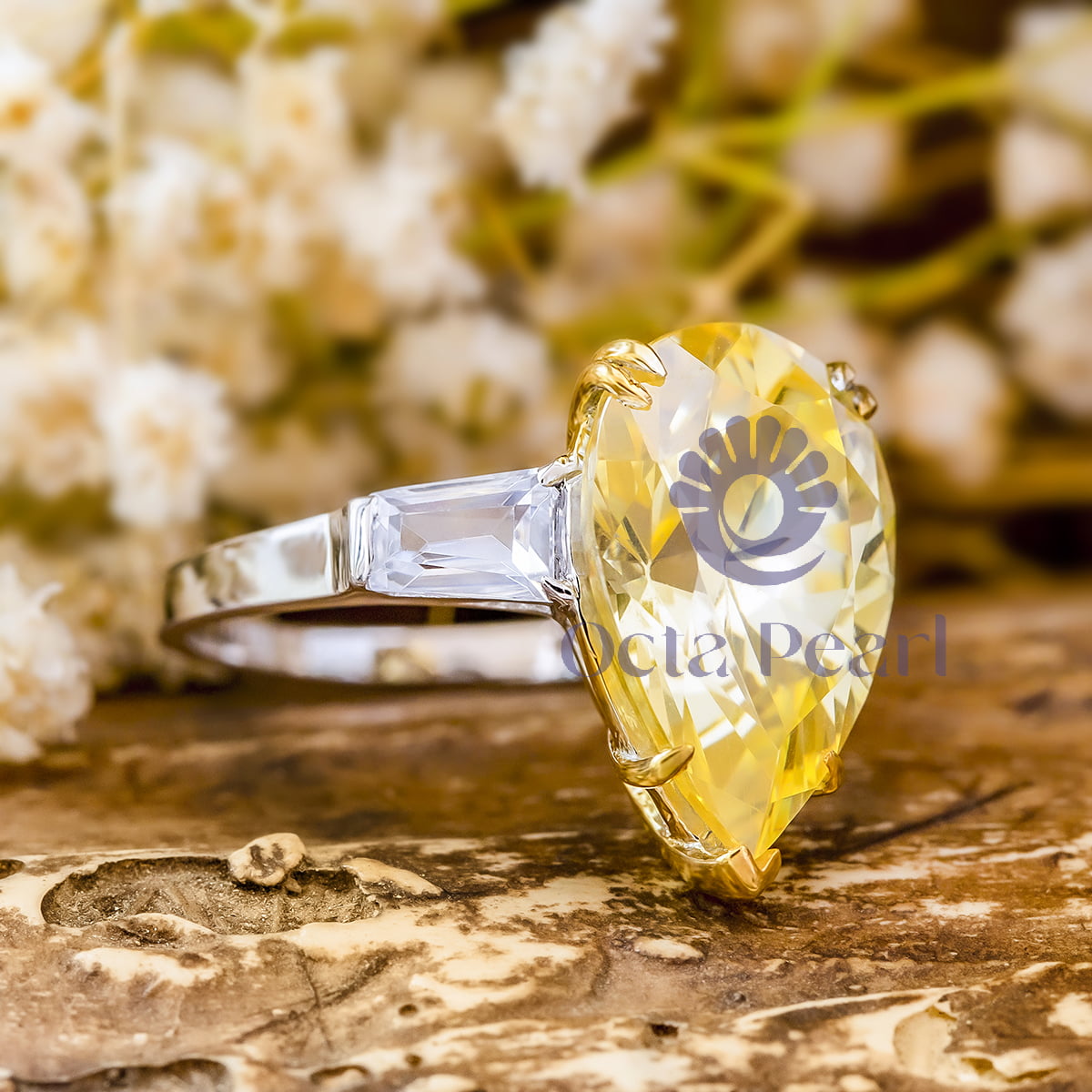 Yellow Pear Shape Three Stone Engagement Ring