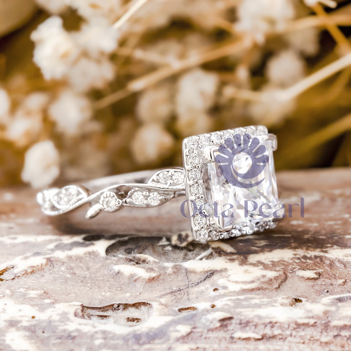 Princess Cut Moissanite Halo Art Deco Wedding Ring