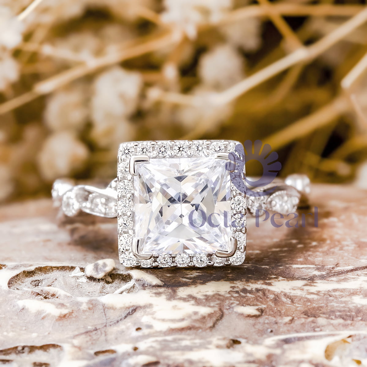 Princess Cut Moissanite Halo Art Deco Wedding Ring