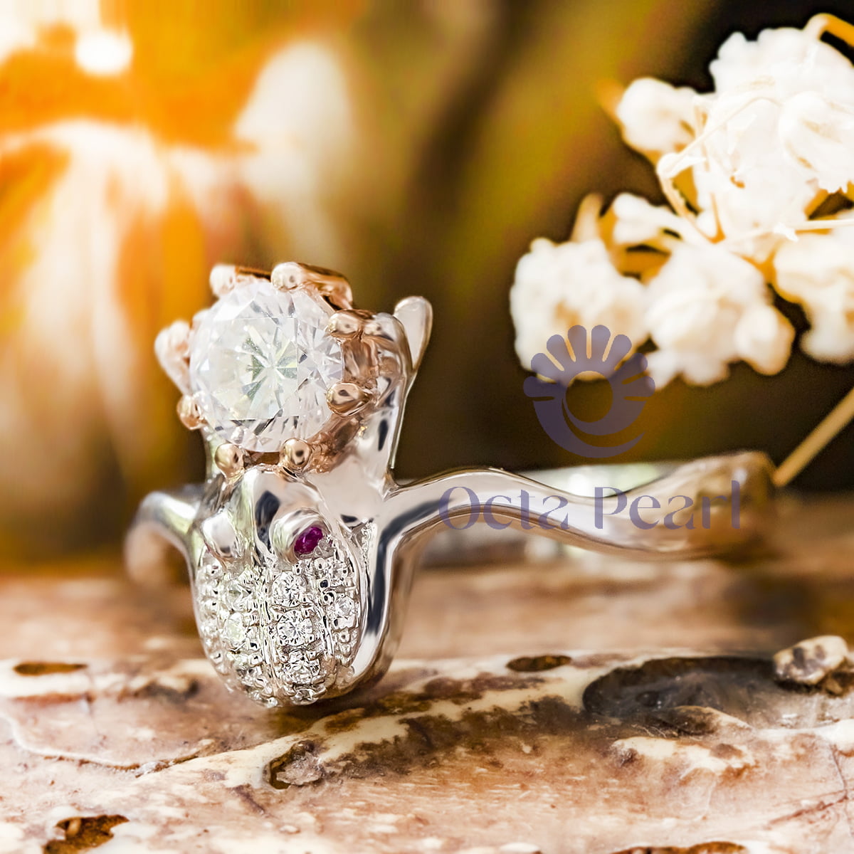 Round Cut CZ Stone Frog Ring For Birthday Gift