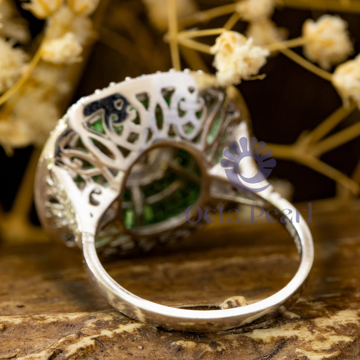 Green CZ Double Halo Vintage-Style Ring