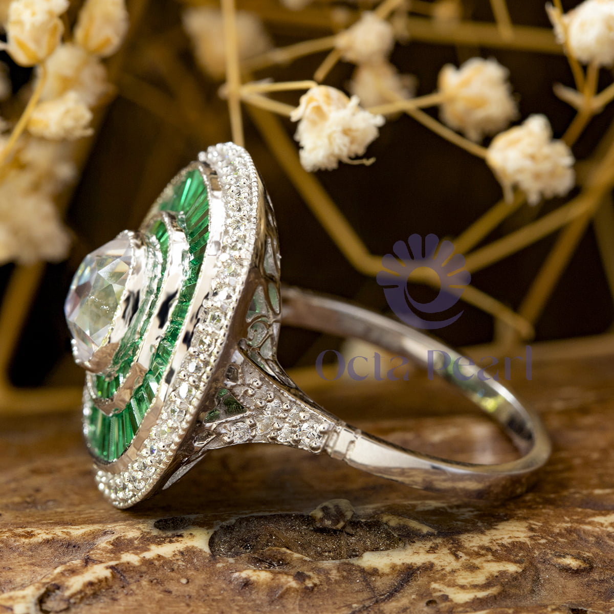 Green CZ Double Halo Vintage-Style Ring
