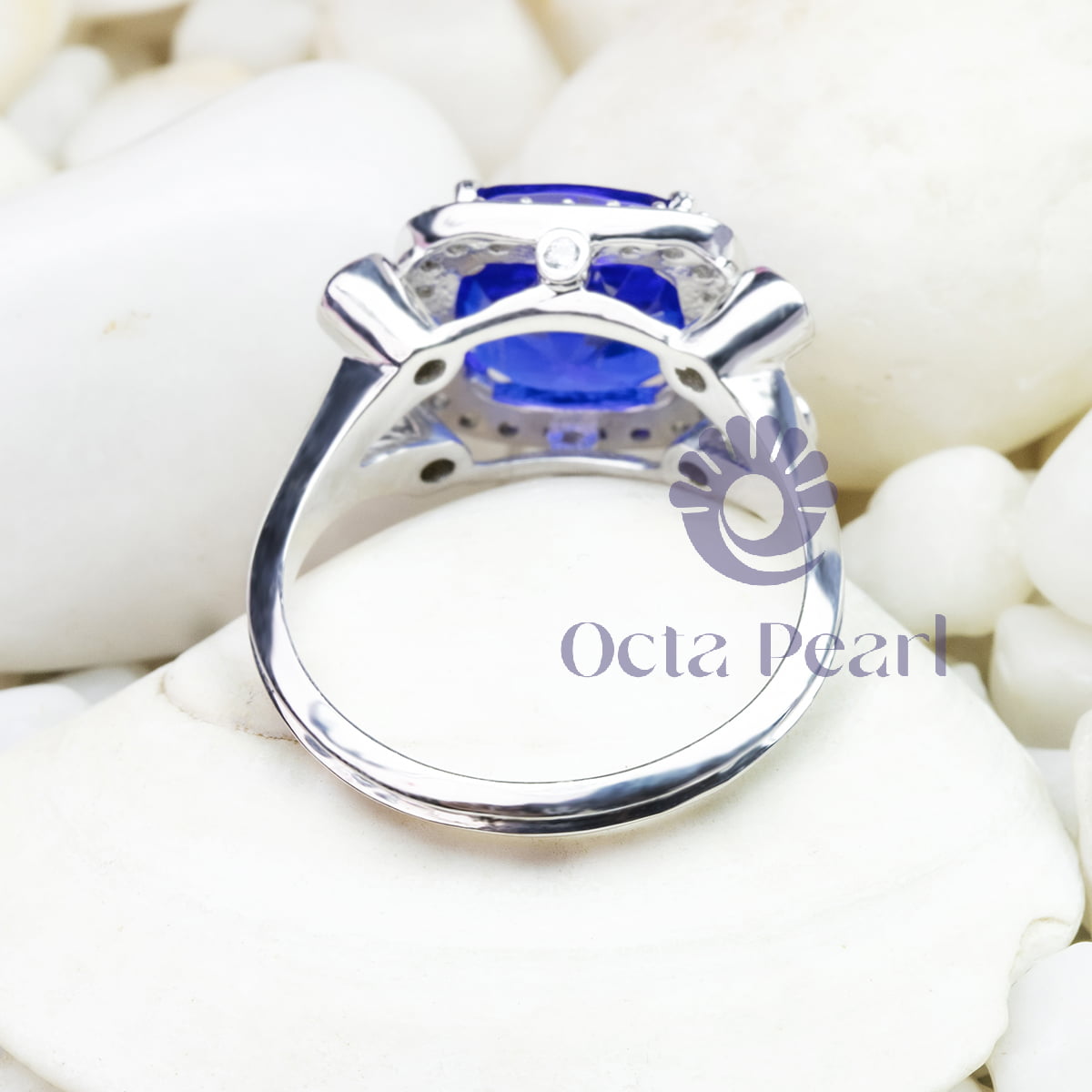 Blue Five Stone CZ Halo Engagement Ring