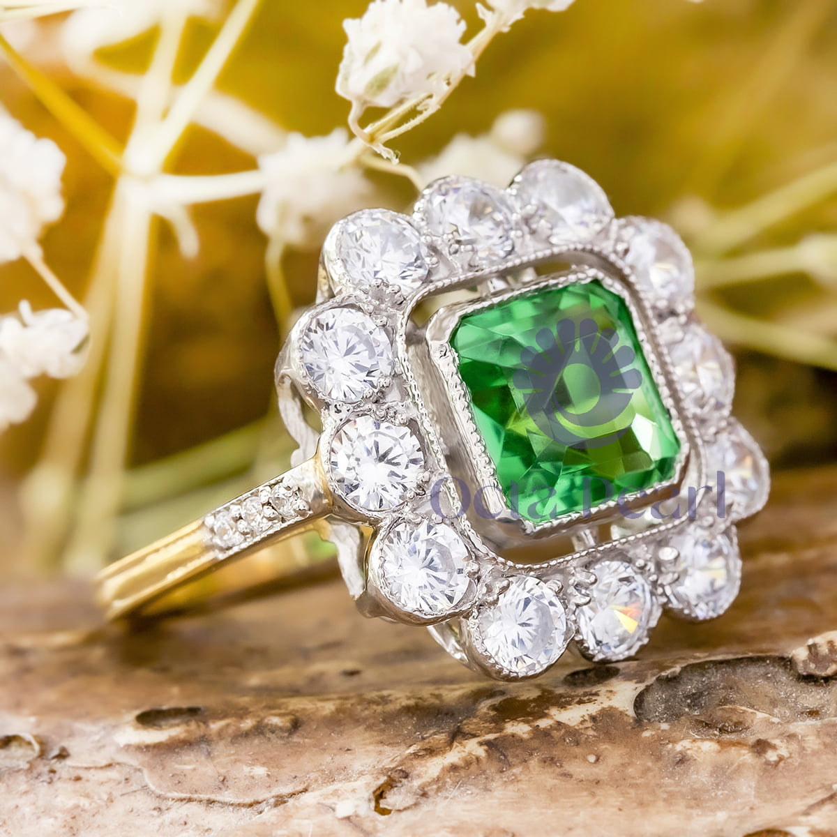 Vintage-Inspired Green Floral Halo Ring