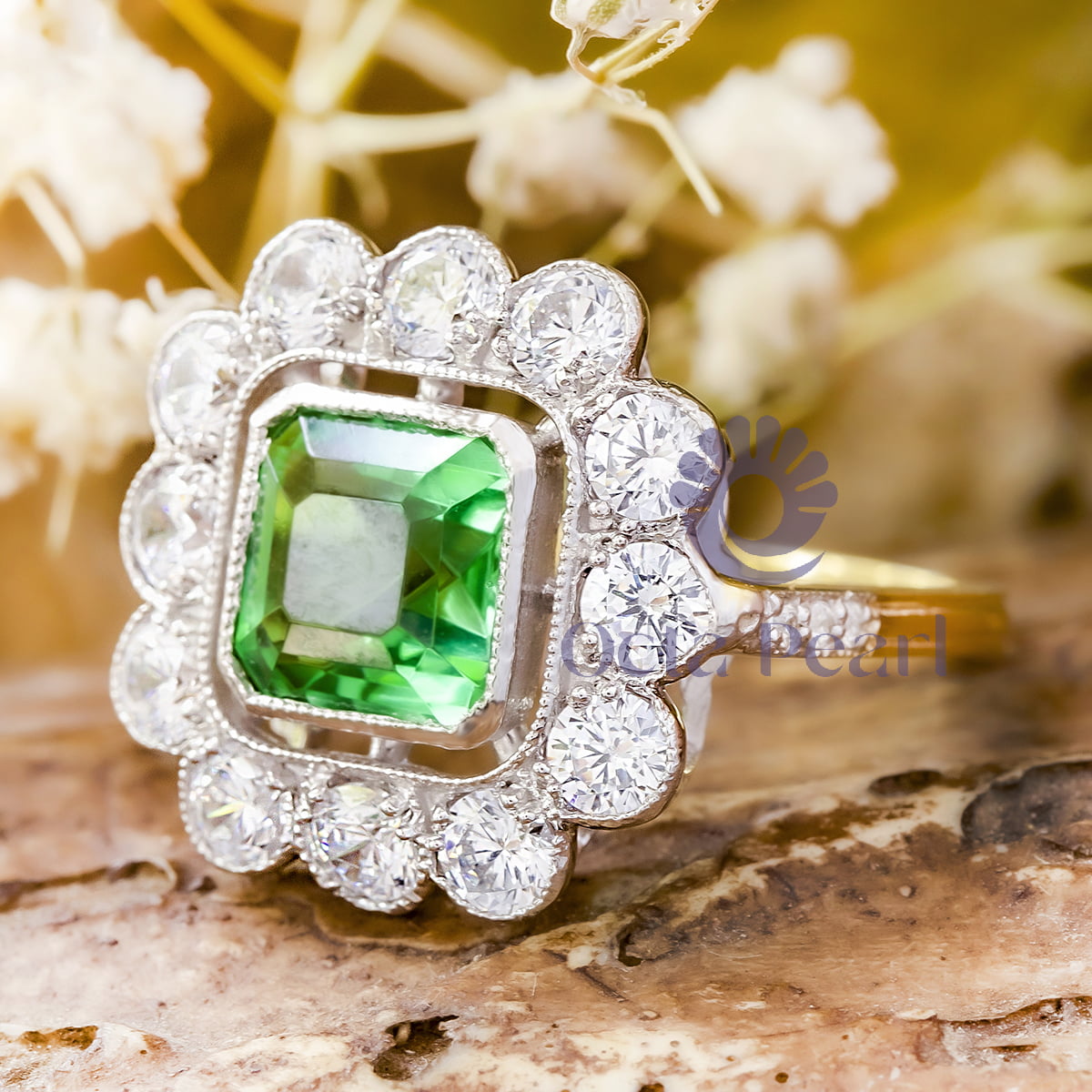 Vintage-Inspired Green Floral Halo Ring