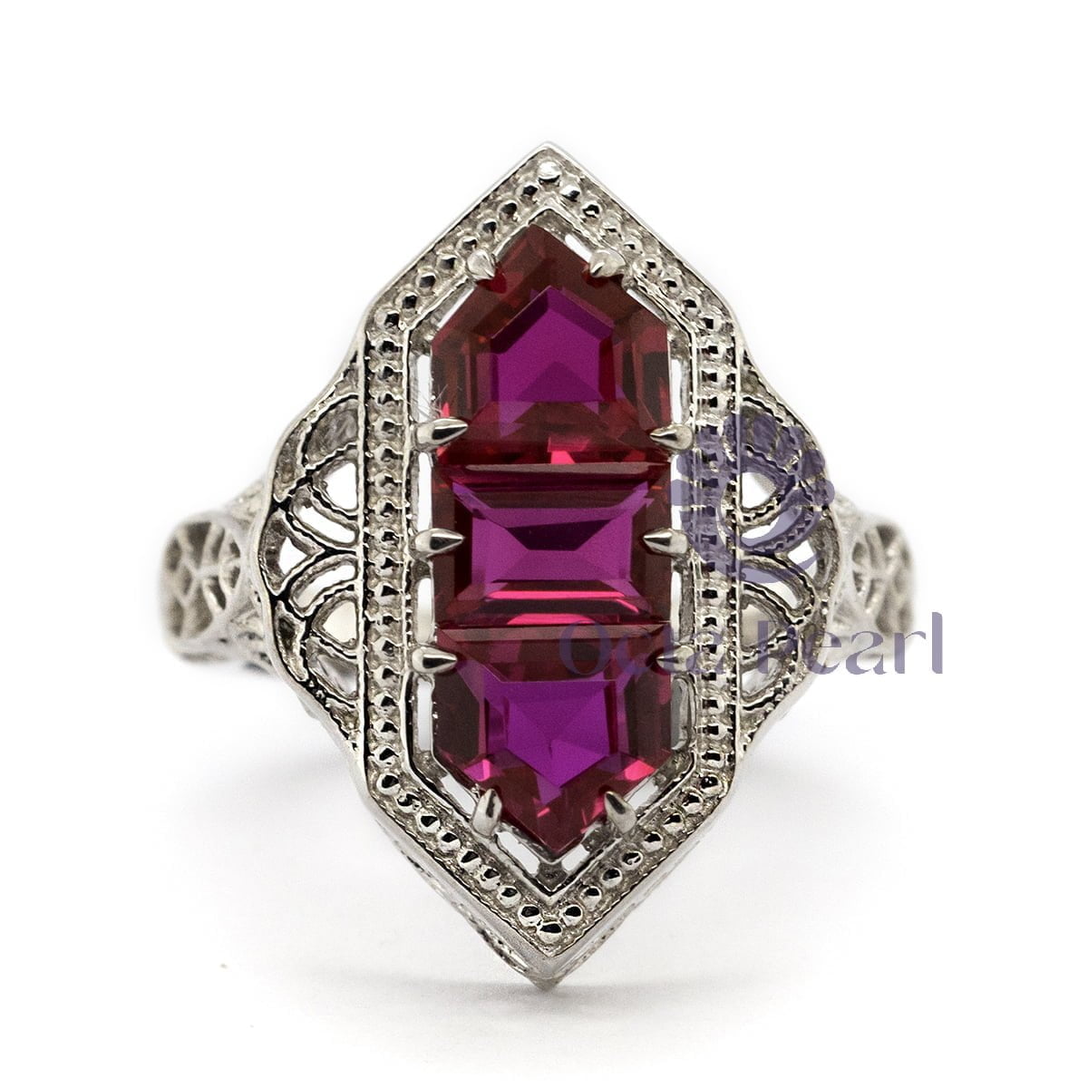 Pink Three Stone Filigree Art-Deco Style Ring