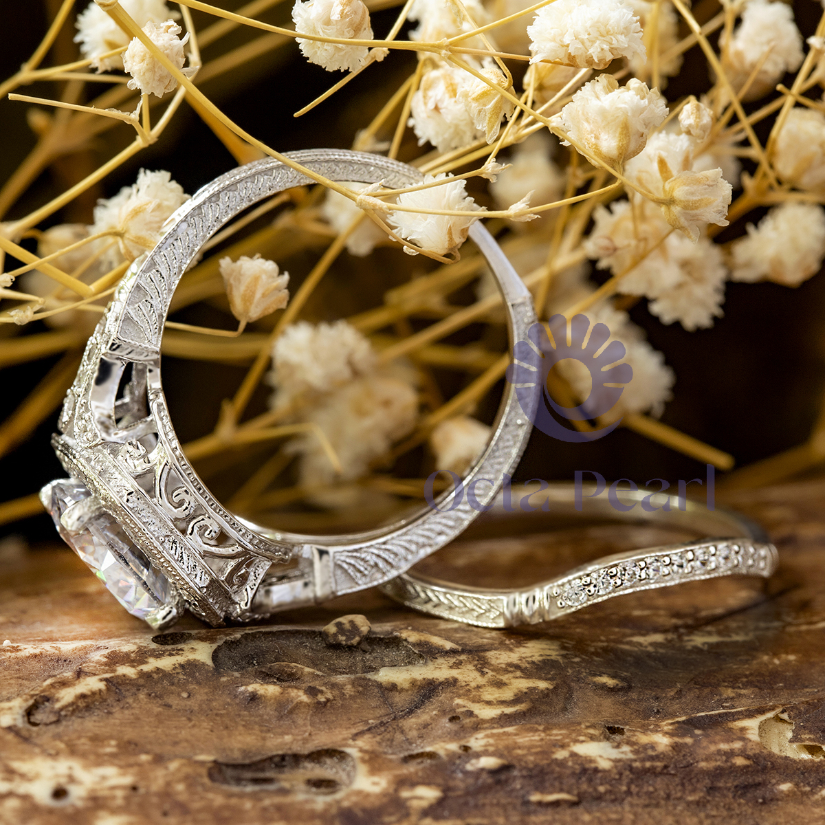 Halo Art deco Round Moissanite Bridal Ring Set