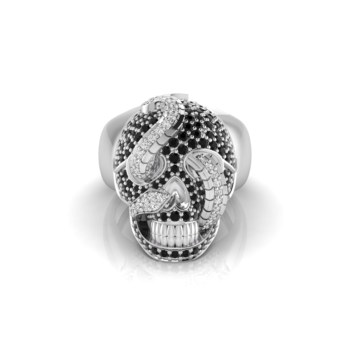 Black & White Round CZ Stone Skull And Snake ring