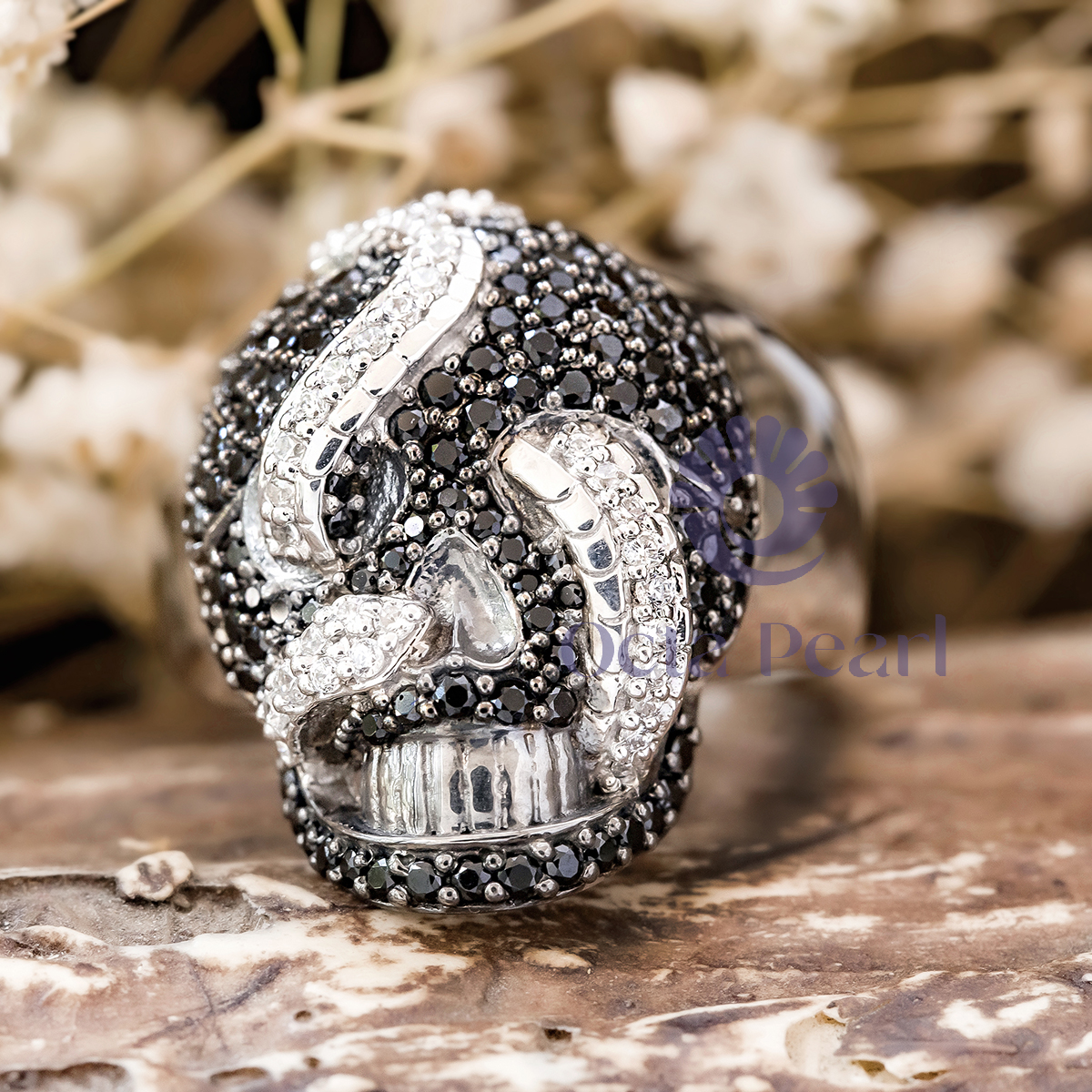 Black & White Round CZ Stone Skull And Snake Ring