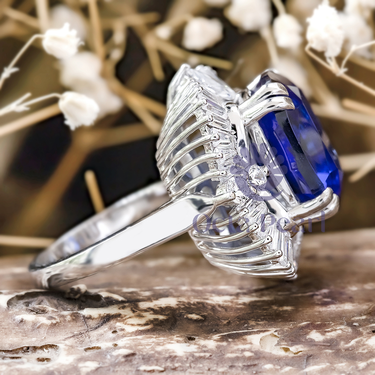 Blue Cushion CZ Stone Halo Cocktail Party Wear Ring