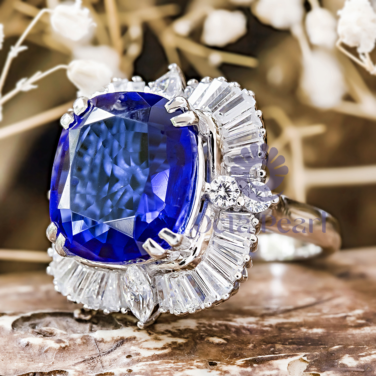 Blue Cushion CZ Stone Halo Cocktail Party Wear Ring