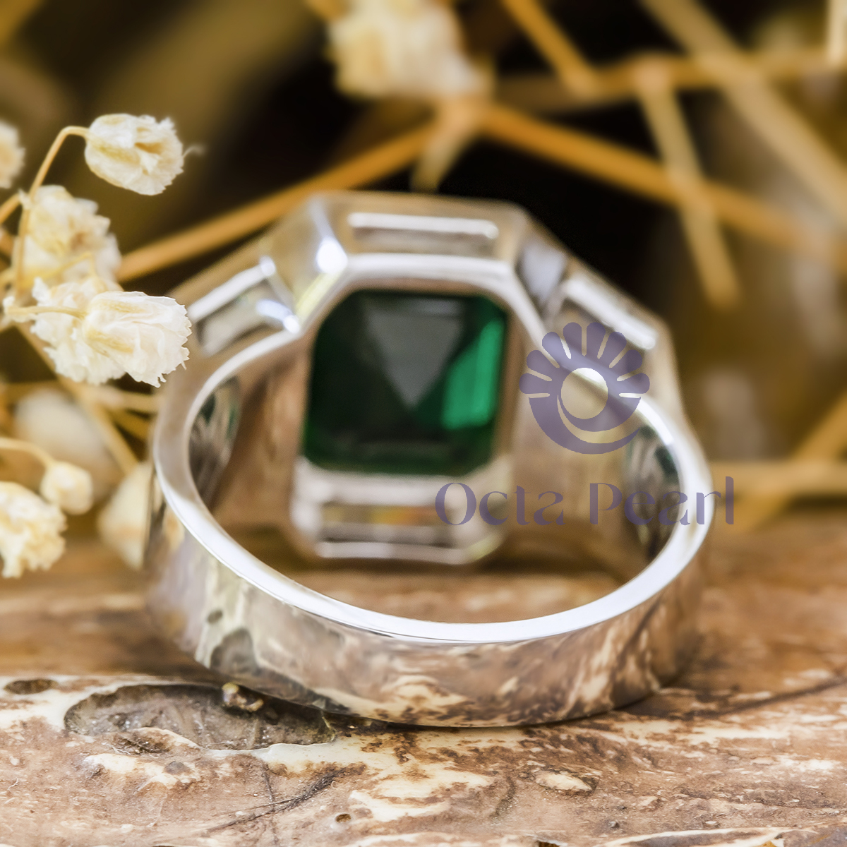 Green Asscher CZ Stone Channel Set Wedding Ring