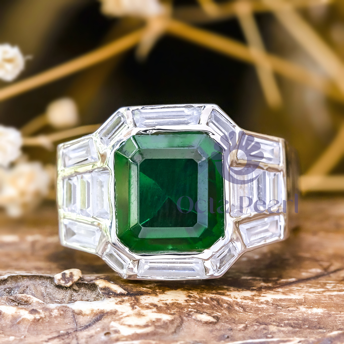 Green Asscher CZ Stone Channel Set Wedding Ring