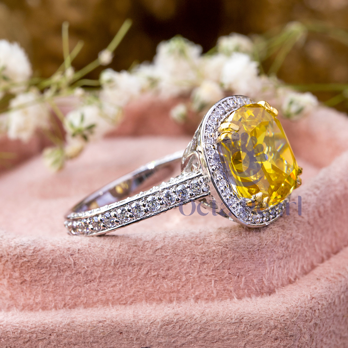 Yellow Cushion CZ Stone Halo Engagement Ring