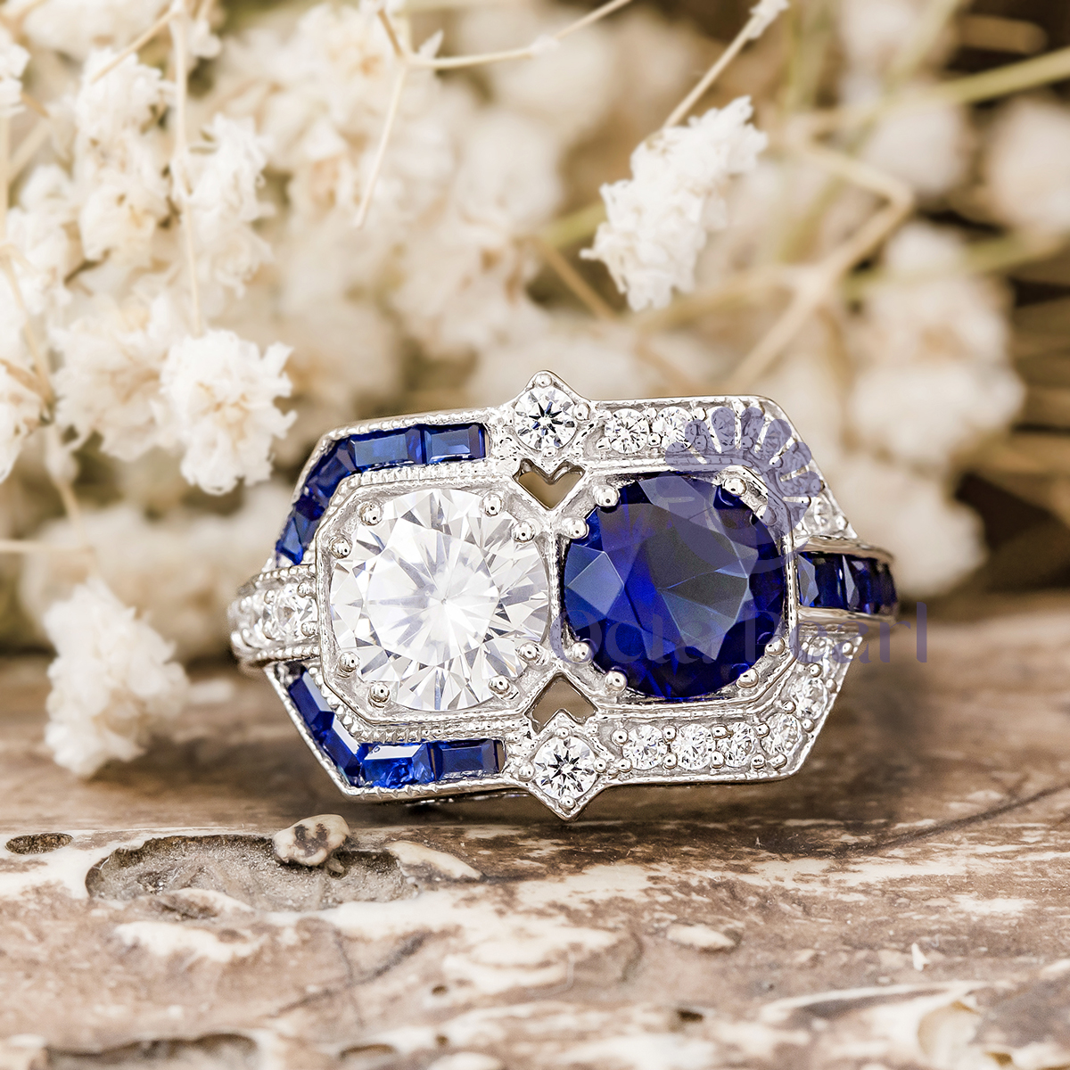 Round Two Stone Art Deco Edwardian Wedding Ring