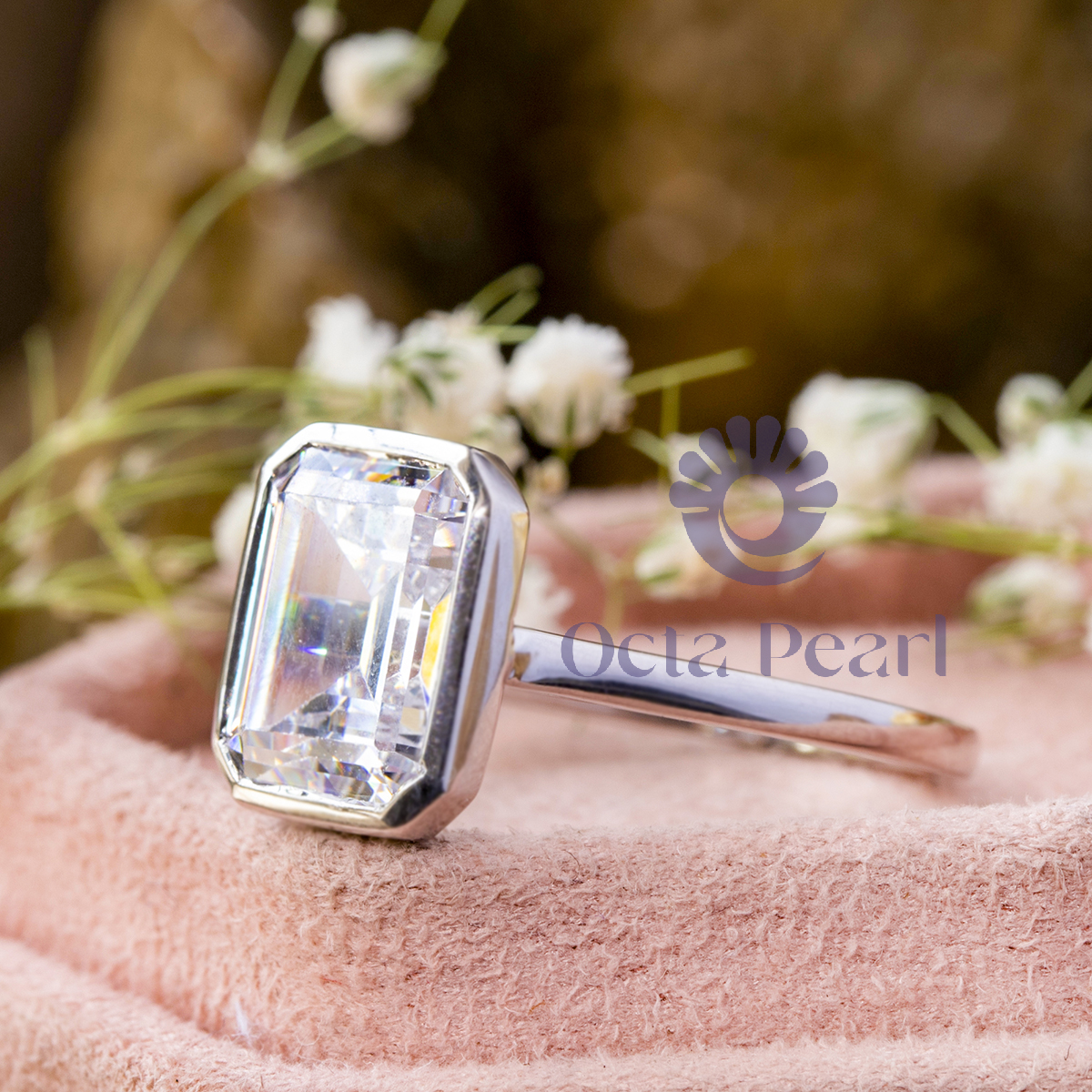 Bezel Set Emerald Moissanite Solitaire Promise Ring
