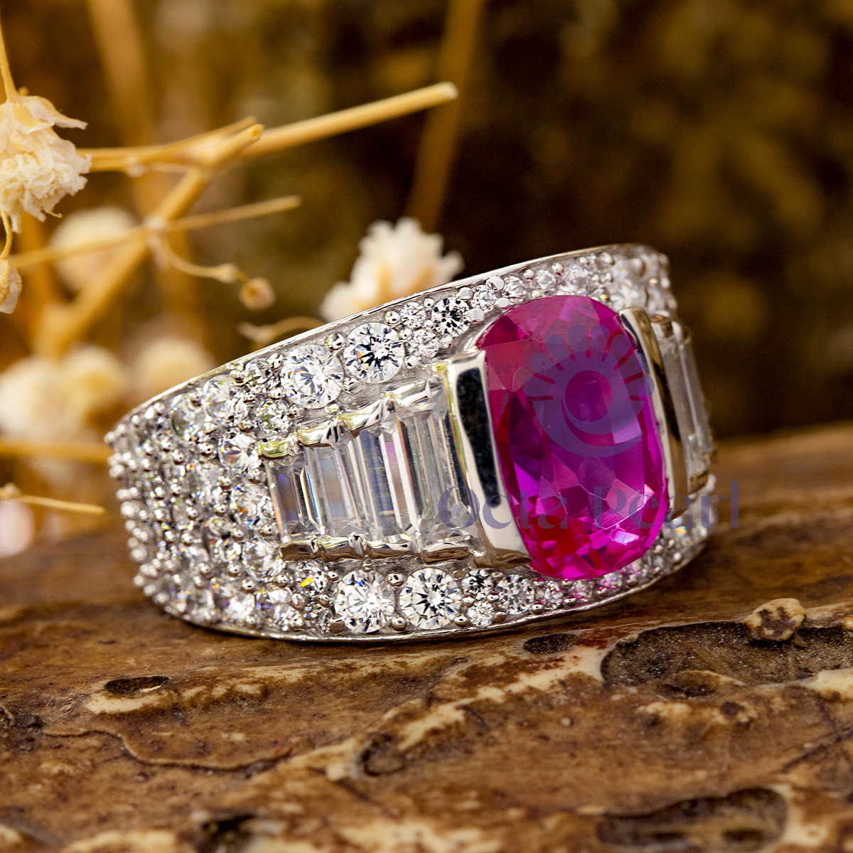 Half Bezel Set Pink Cushion Stone Engagement Ring