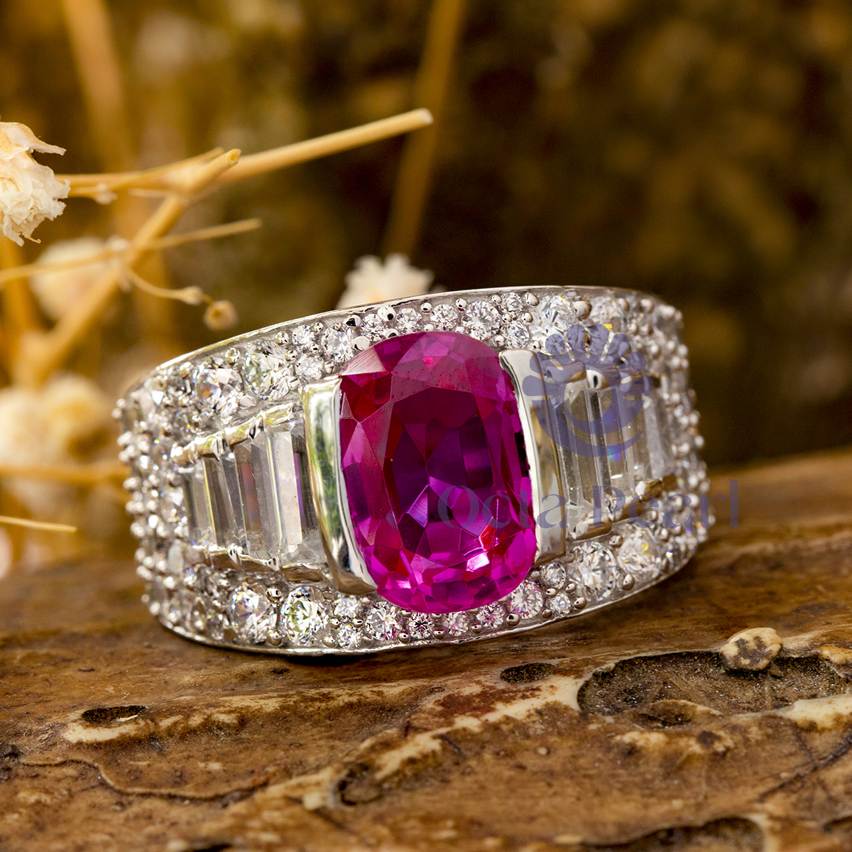 Half Bezel Set Pink Cushion Stone Engagement Ring