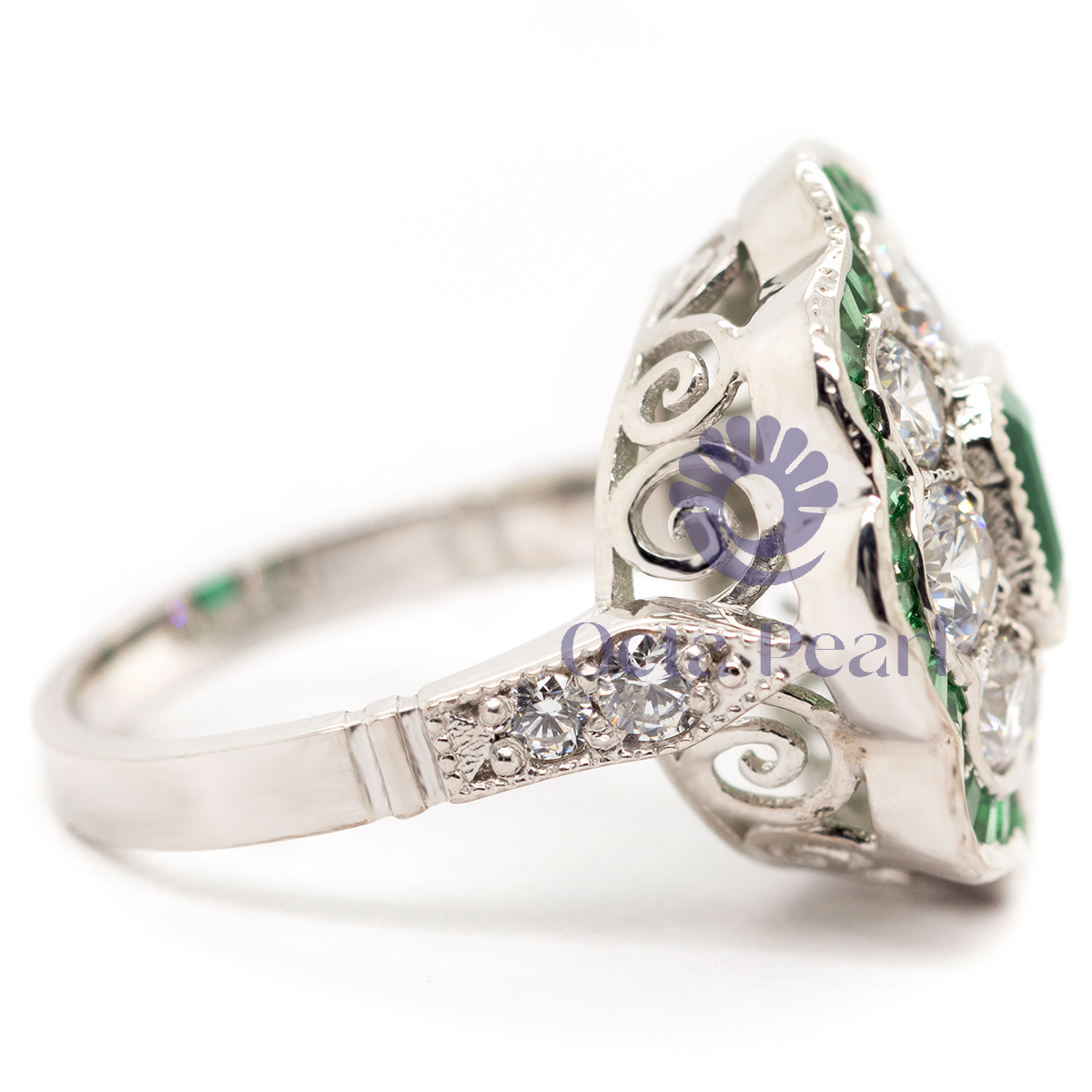 Green Emerald CZ Stone Floral Inspire Art Deco Ring