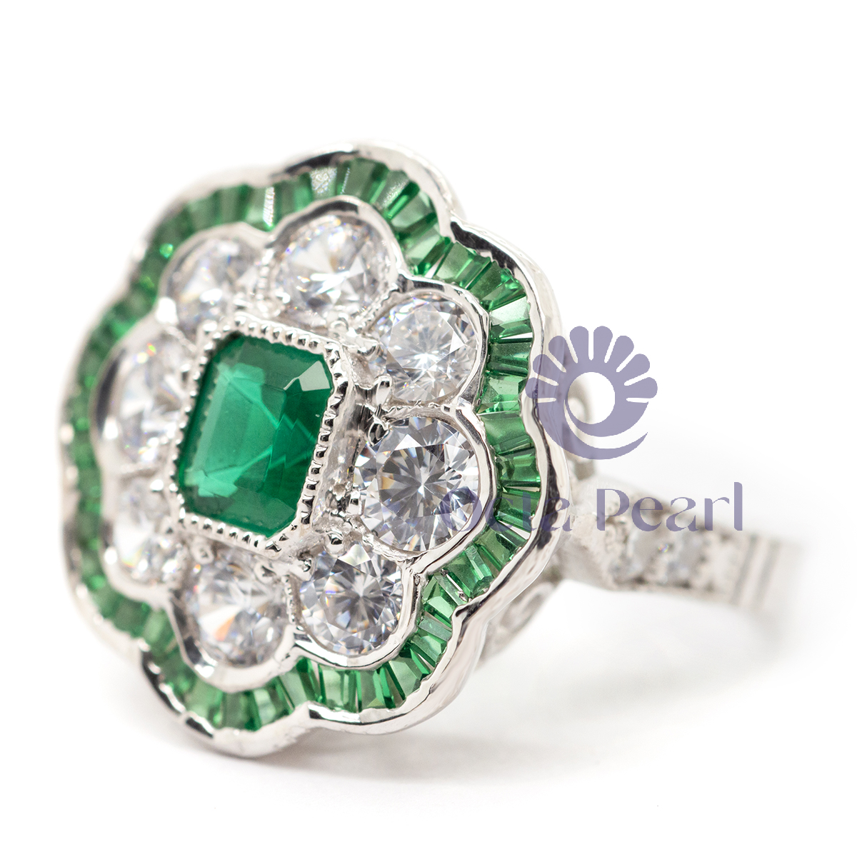 Green Emerald CZ Stone Floral Inspire Art Deco Ring