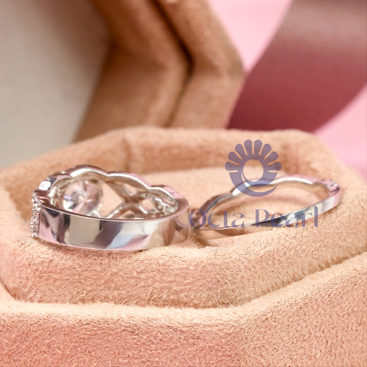 Round Moissanite Criss Cross Shank Bridal Ring Set