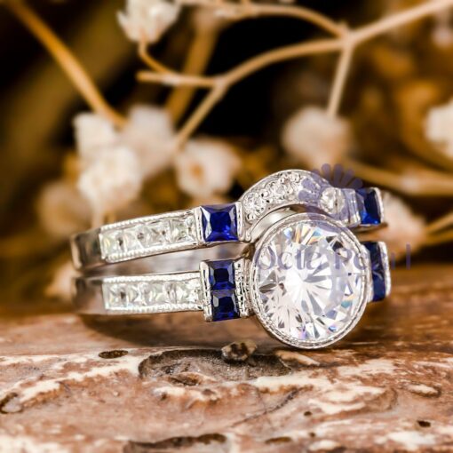 Round & Princess CZ Stone Milgrain Bridal Ring Set