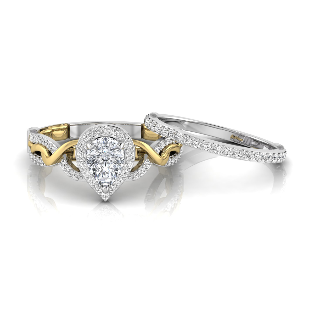 Pear Moissanite Halo Twisted Two Tone Gold Ring Set