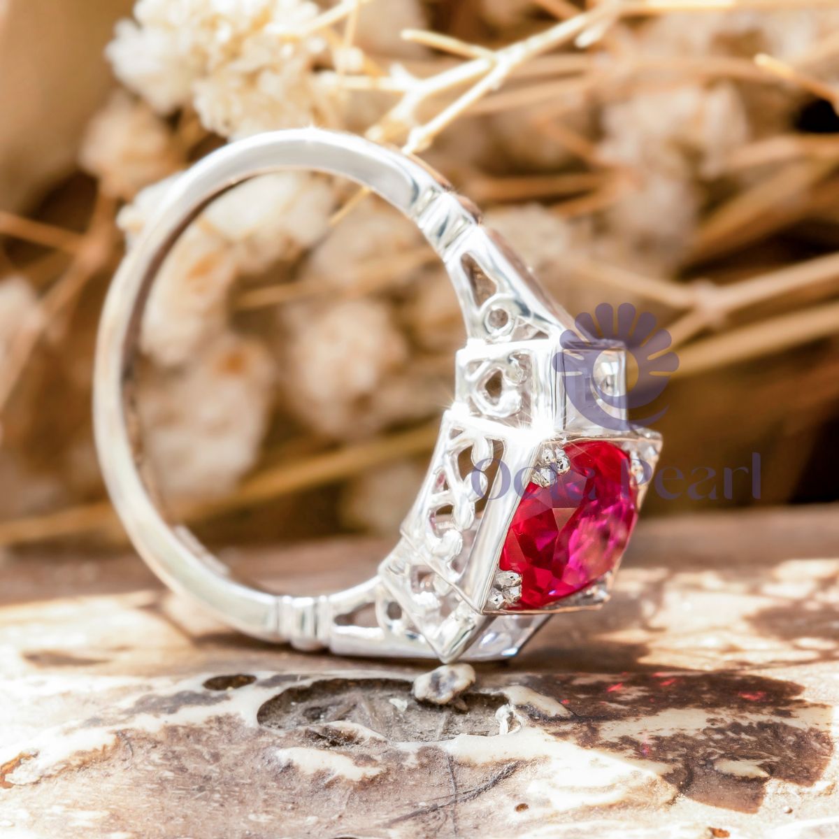 Pink Oval CZ Bezel Set Three Stone Wedding Ring