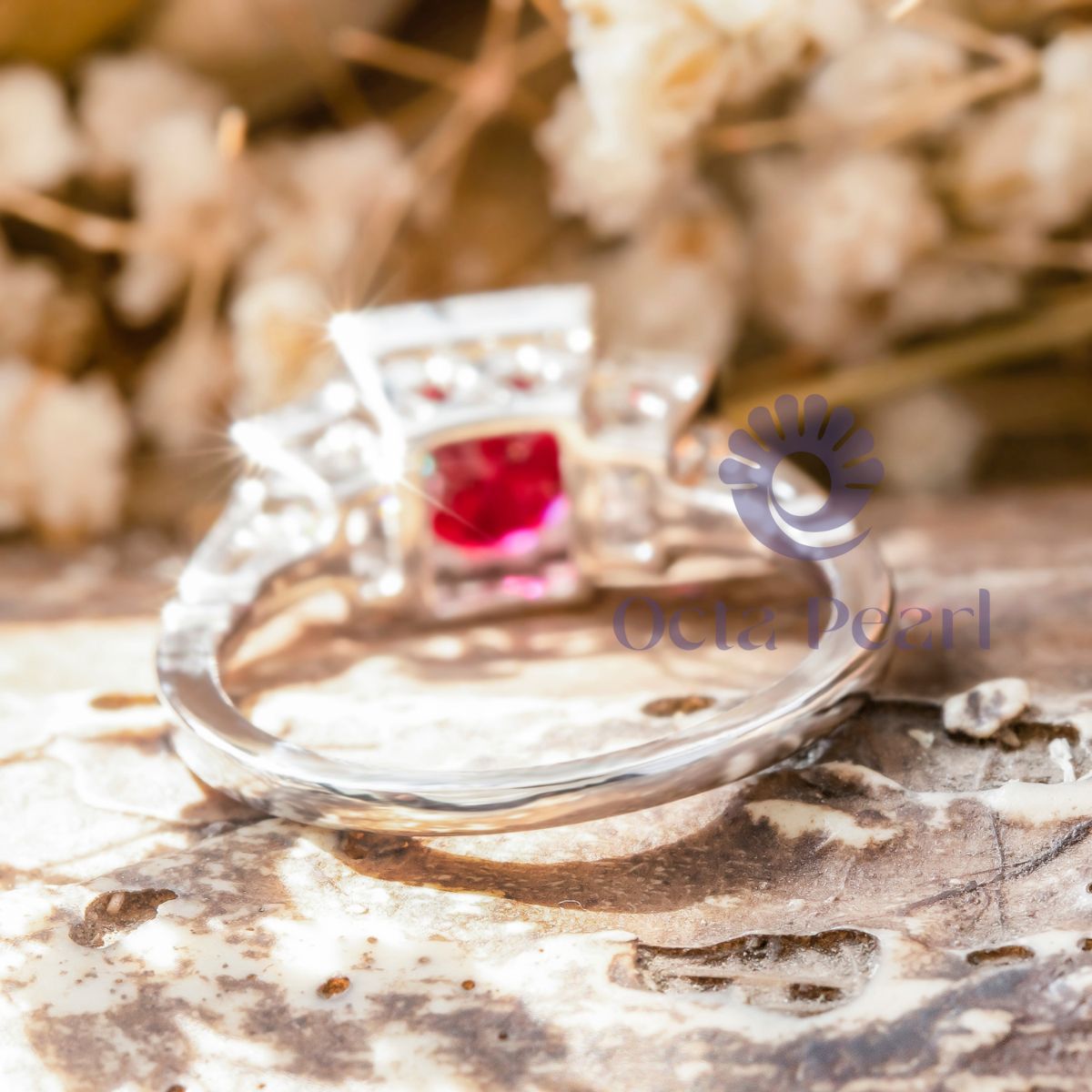 Pink Oval CZ Bezel Set Three Stone Wedding Ring