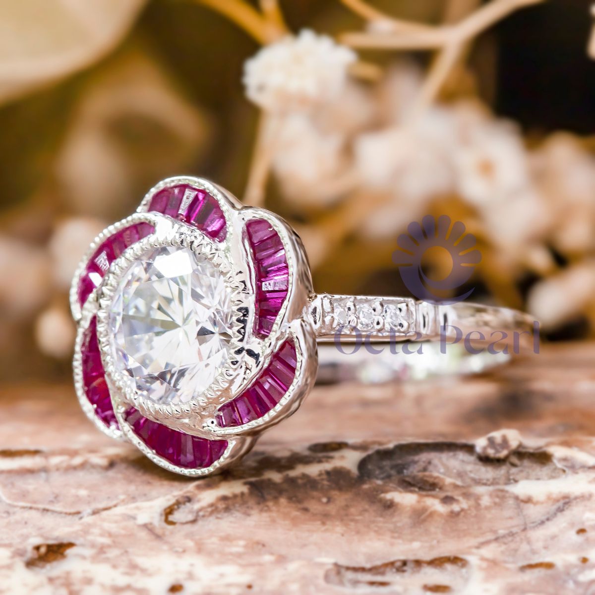 Milgrain Bezel Set Round CZ Stone Floral Inspire Ring