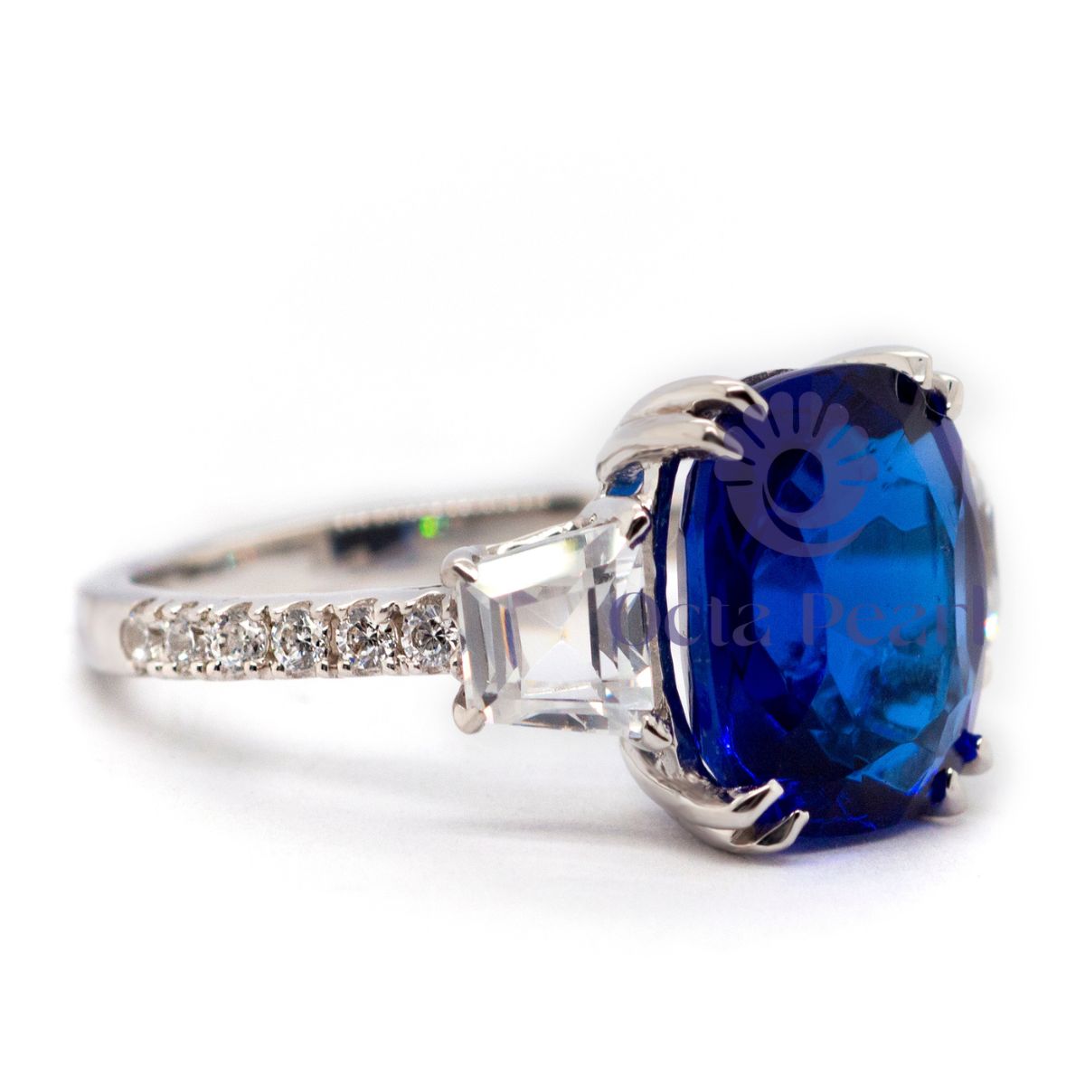 Blue Cushion Three Stone With Accent Ring