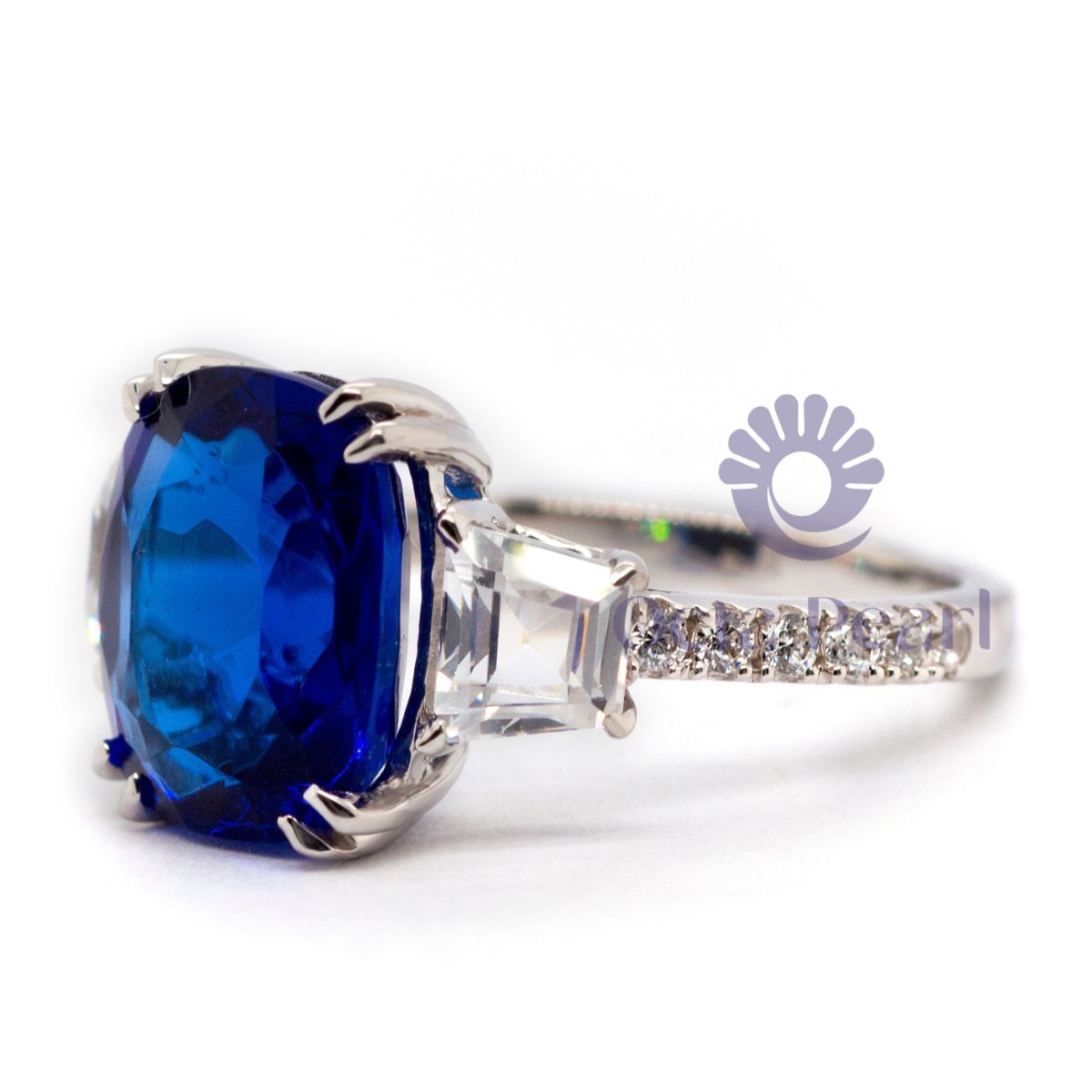Womens Blue Cushion Three Stone With Accent Ring