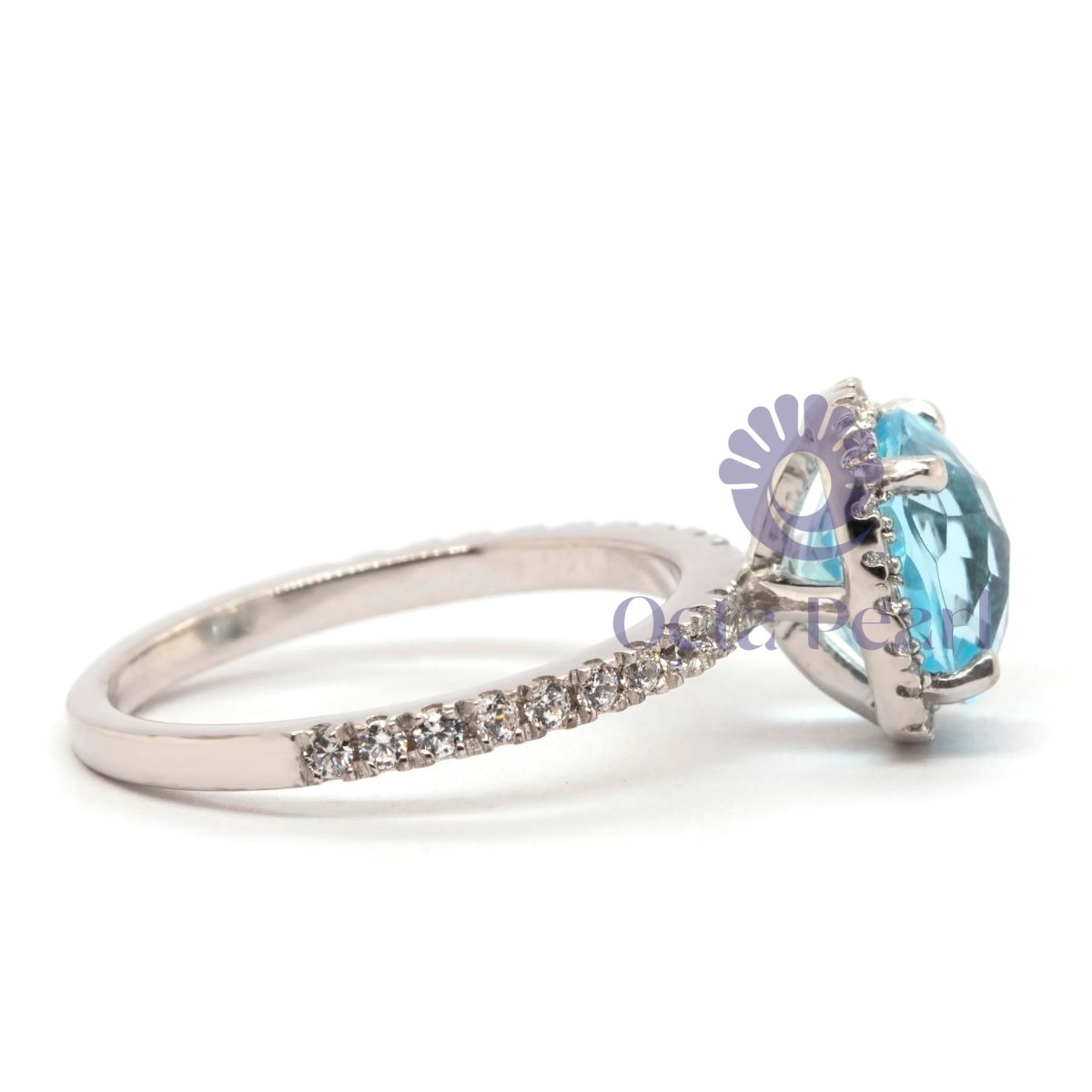 Aquamarine CZ Stone Halo Wedding Ring
