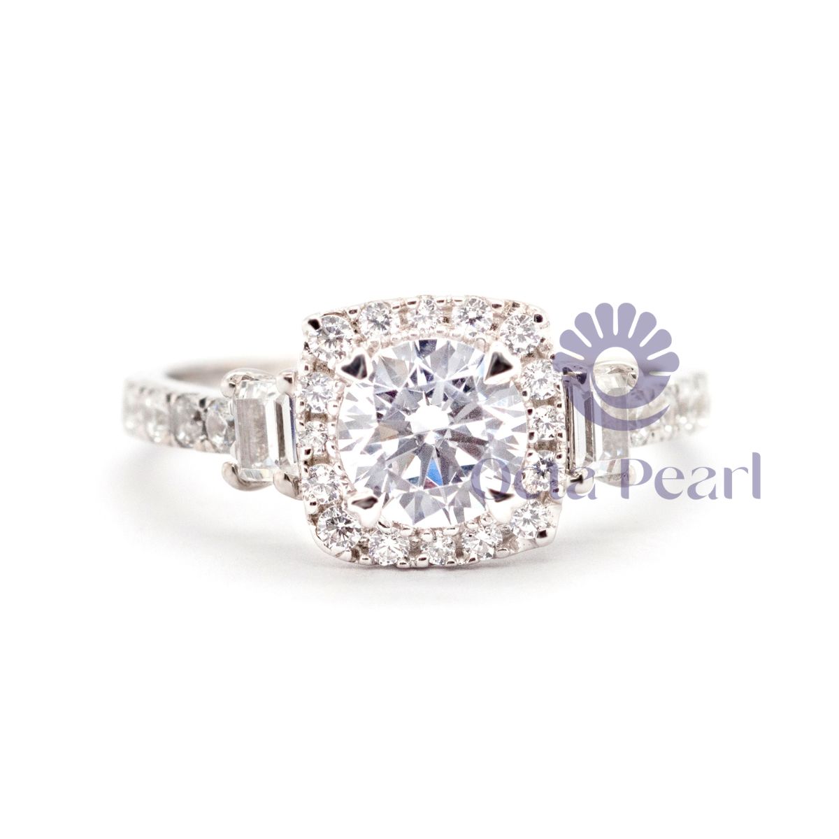 Round & Baguette Cut CZ Three Stone Halo Ring