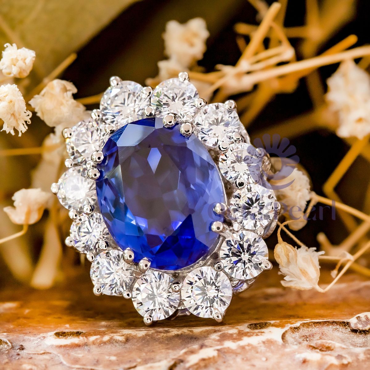 Blue Oval CZ Stone Sunburst Halo Ring For Valentine