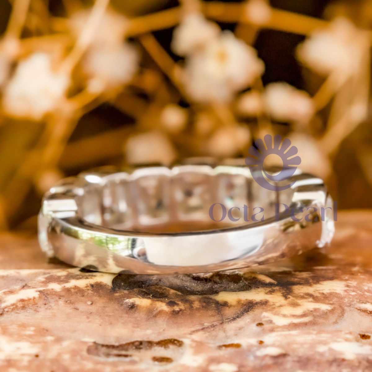 Half Bezel Set Asscher CZ Nine Stone Wedding Ring