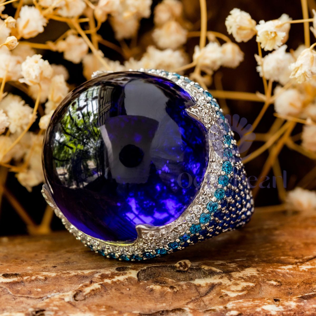 Round Shape Blue Cabochon Dome Party Wear Ring