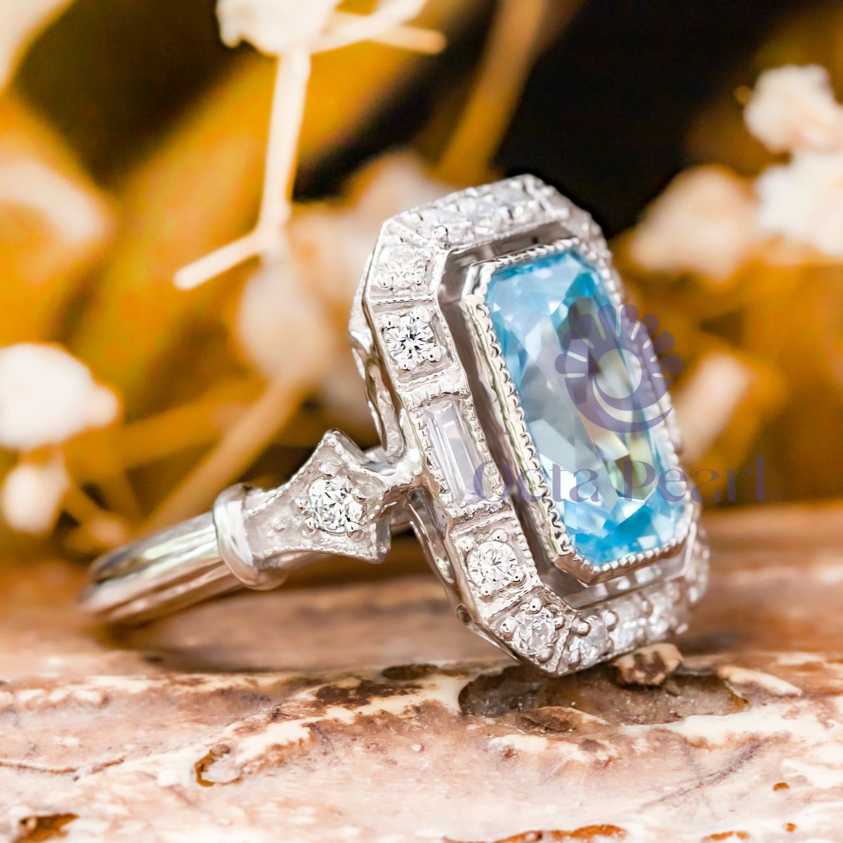 Aquamarine Radiant CZ Stone Halo Art Deco Ring