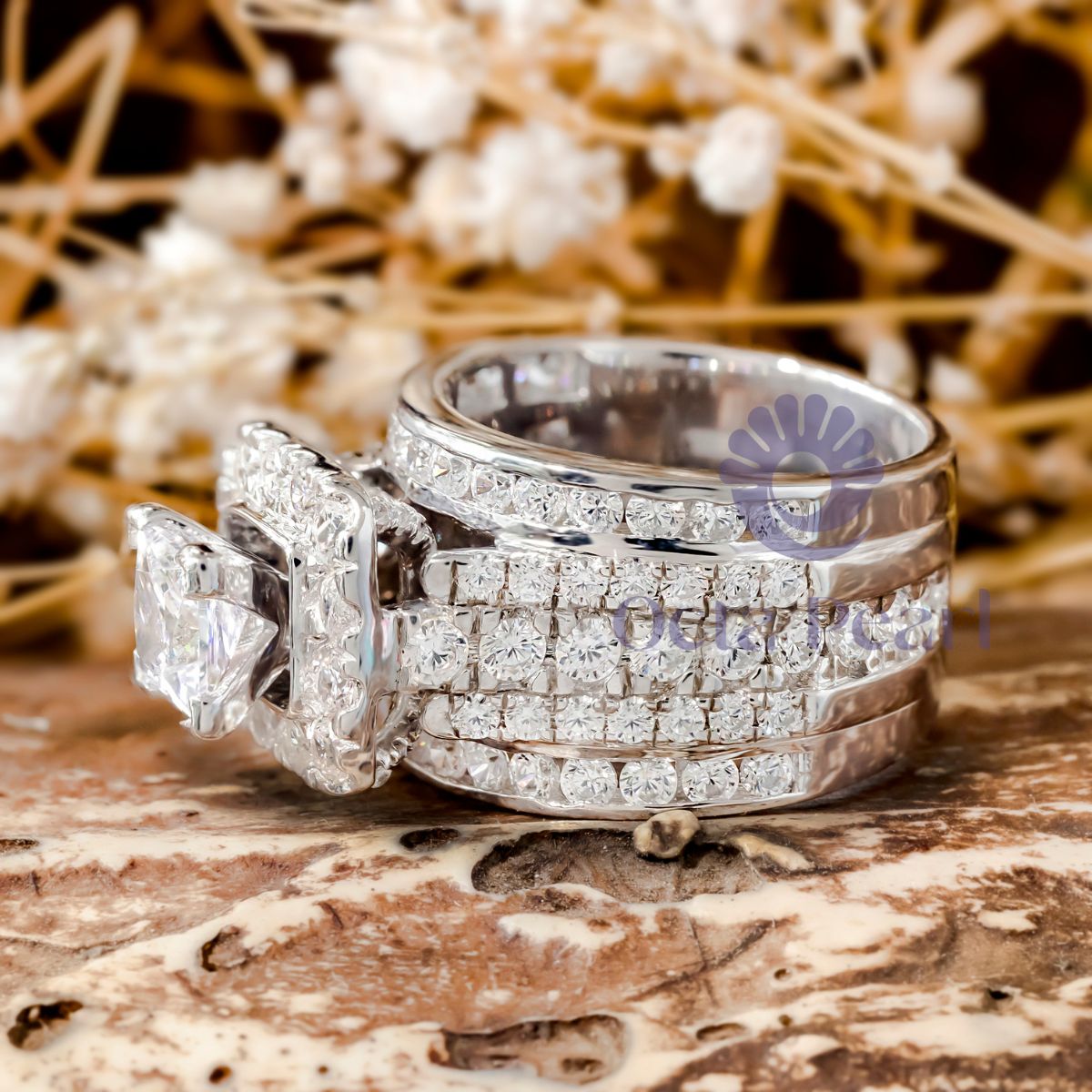 Princess CZ Stone Halo Wide Band Ring For Wedding